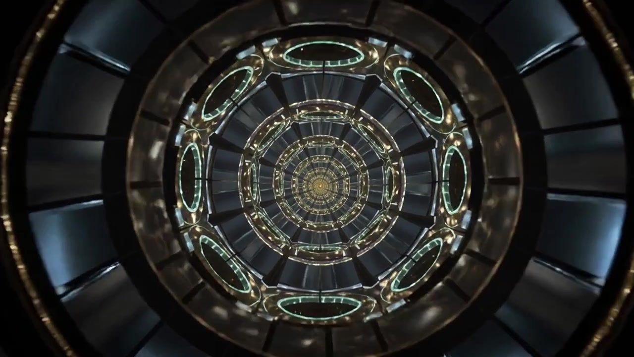 Rotating concentric rings shifting on LED cue to reveal mandala in shaft, with ribs