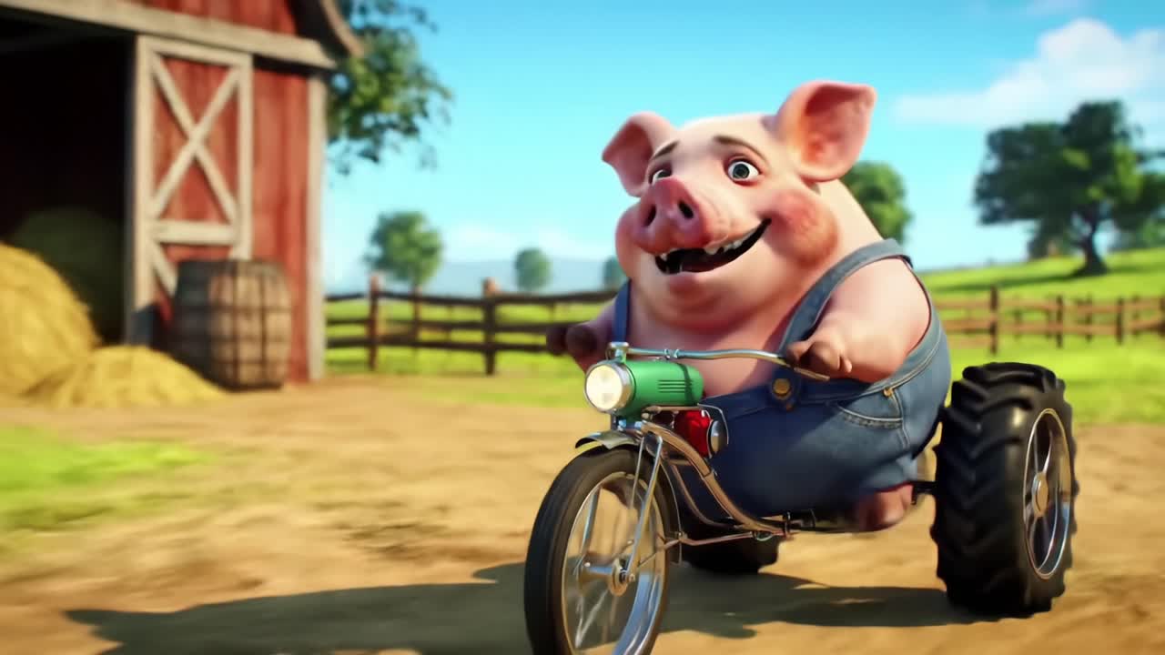A cheerful cartoon pig riding a tricycle through a sunny farm landscape, showcasing a joyful blend of rural life and whimsical animation, perfect for children and animal lovers alike