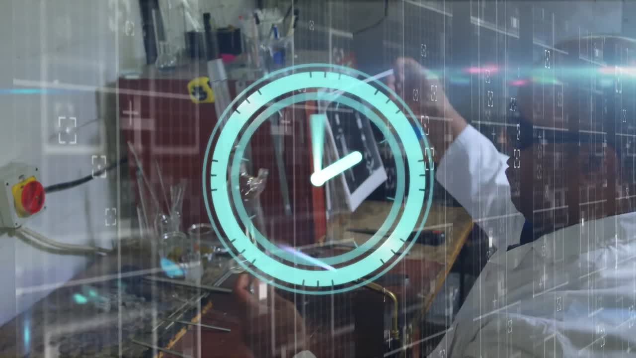 Animation of moving clock over biracial male scientist working in lab