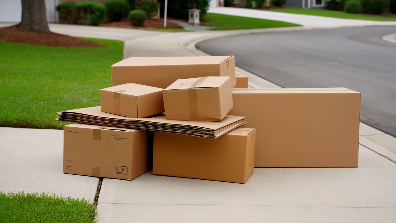 Stack of Cardboard Boxes on a Residential Sidewalk