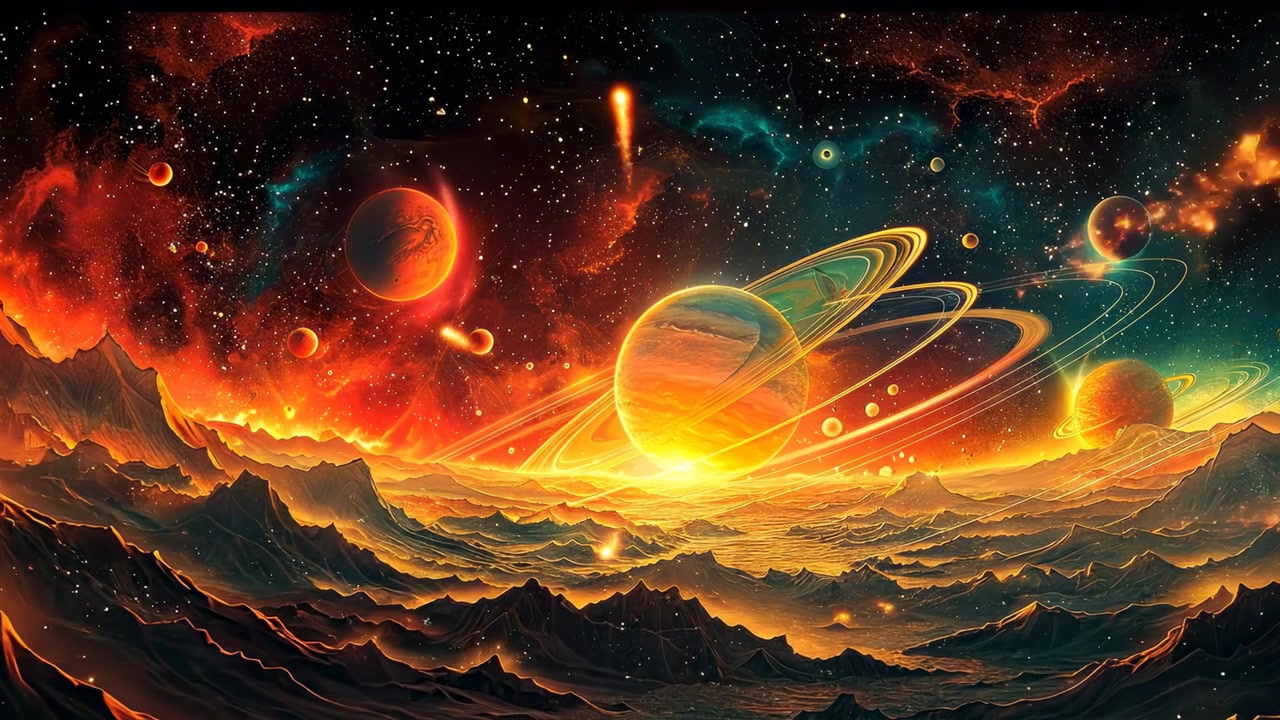 Fiery alien planet surface overlooking ringed planet in space. Volcanic rocky landscape under cosmic sky with glowing ringed planet, nebulae, and asteroids.