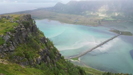 Matmora-Viewpoint-of-Hauklandsvannet-Lagoon-in-Lofoten-Islands,-Norway---Aerial