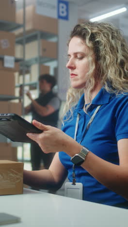 warehouse worker using tablet for inventory management