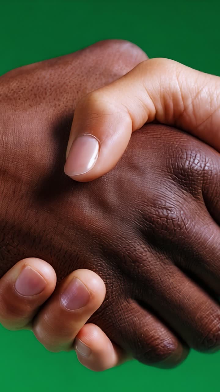 A close-up of two hands clasped together, symbolizing unity, cooperation, and connection across diverse skin tones against a vibrant green background