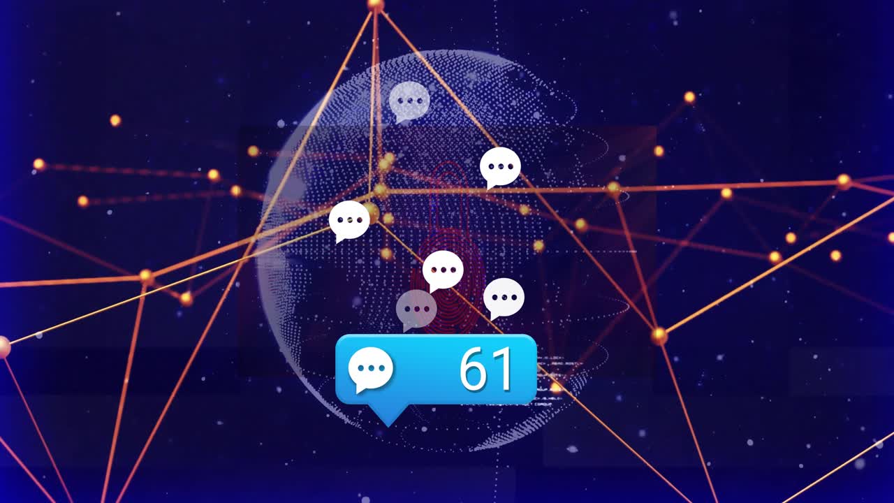 Chat icons and data processing animation over digital communication network globe