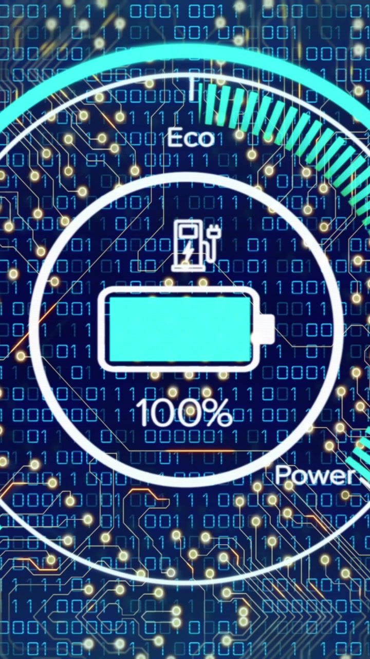 Animation einer Computerplatine mit Datenverarbeitung und Batteriesymbol