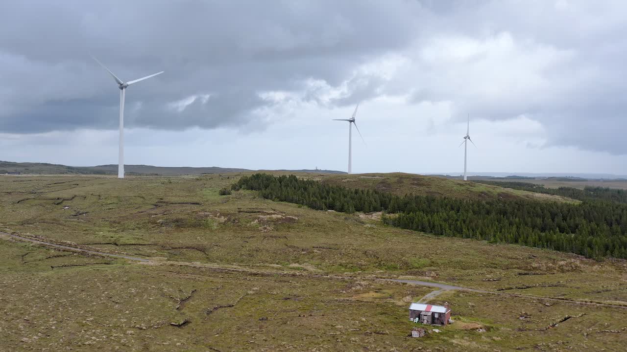 Droneoptagelse, der vipper fra et ly på heden til en vindmøllepark på Hebriderne