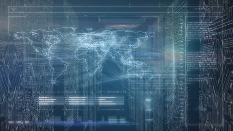 animation of world map and data processing over server room