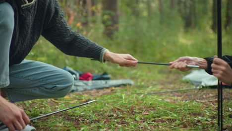man squatting preparing tent as lady playfully hands over pole in forest setting, both engaged in camping activity surrounded by nature, soft sunlight filtering through trees