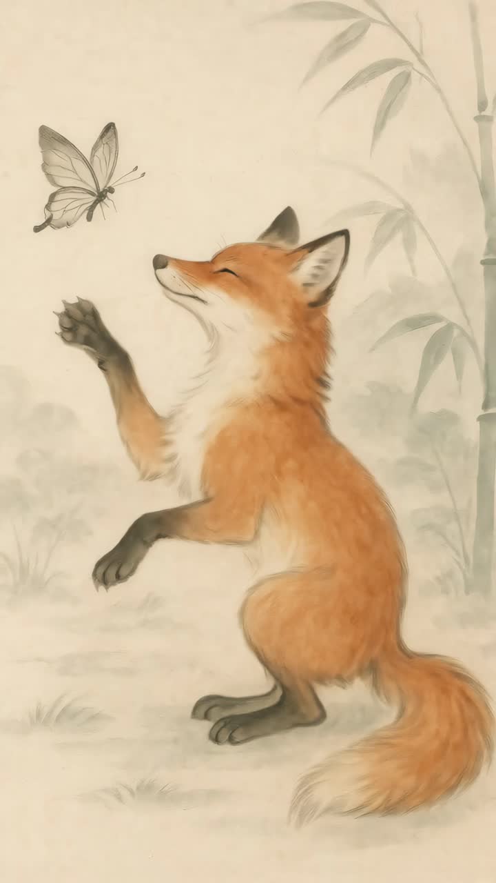 Un'illustrazione stravagante di una volpe che cerca di raggiungere una farfalla, in un delicato stile ad acquerello