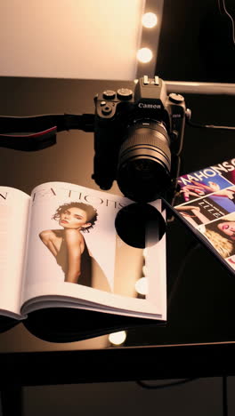 camera, magazine, and makeup on a table