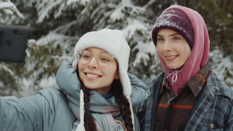 amigas tomando selfies en el bosque de invierno