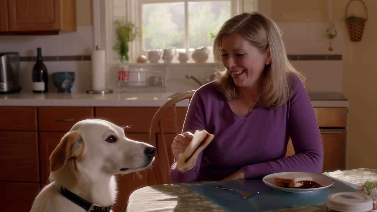 Woman feeding a dog a sandwich in a kitchen