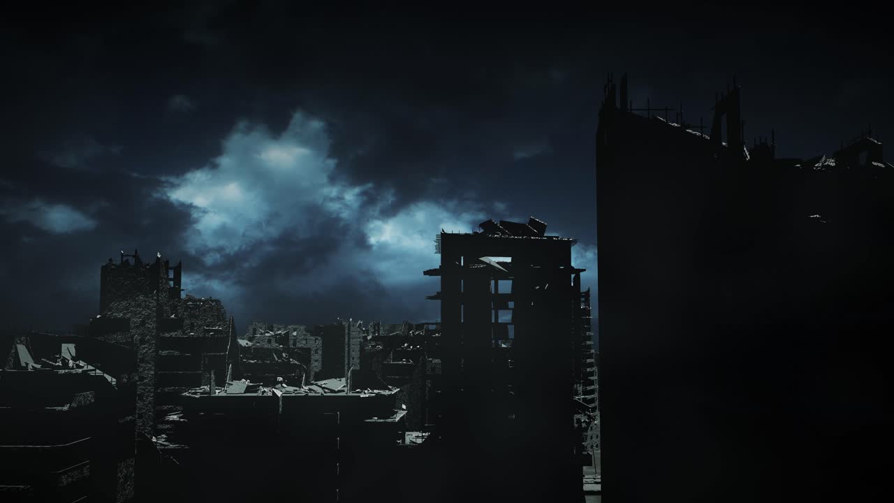 Paesaggio urbano post-apocalittico di notte