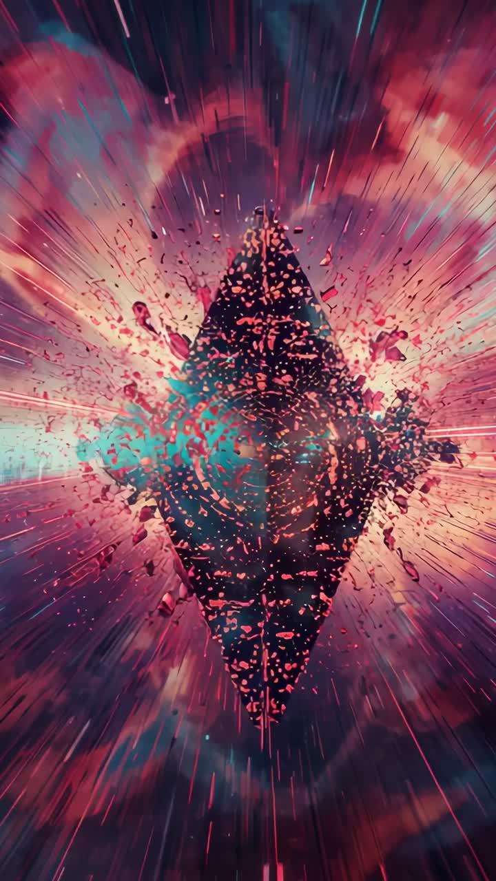 Vertical video: Erupting inner core, outer black diamond launching shards across cosmic nebula
