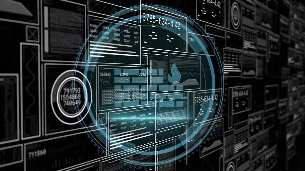 Animation of digital interface with data processing over black background