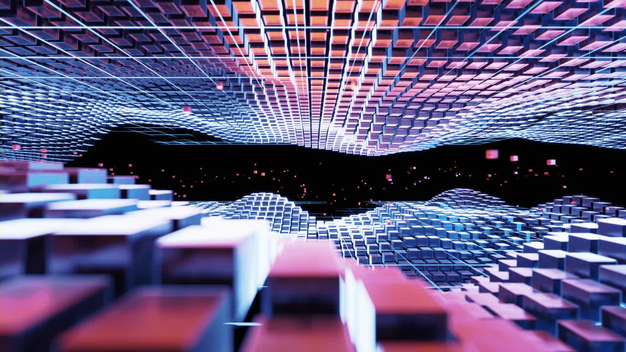 spazio cubico cyberpunk, sfondo geometrico concettuale, rendering 3d.