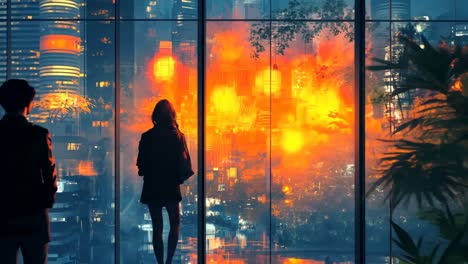 view of a city skyline engulfed in flames from a modern building