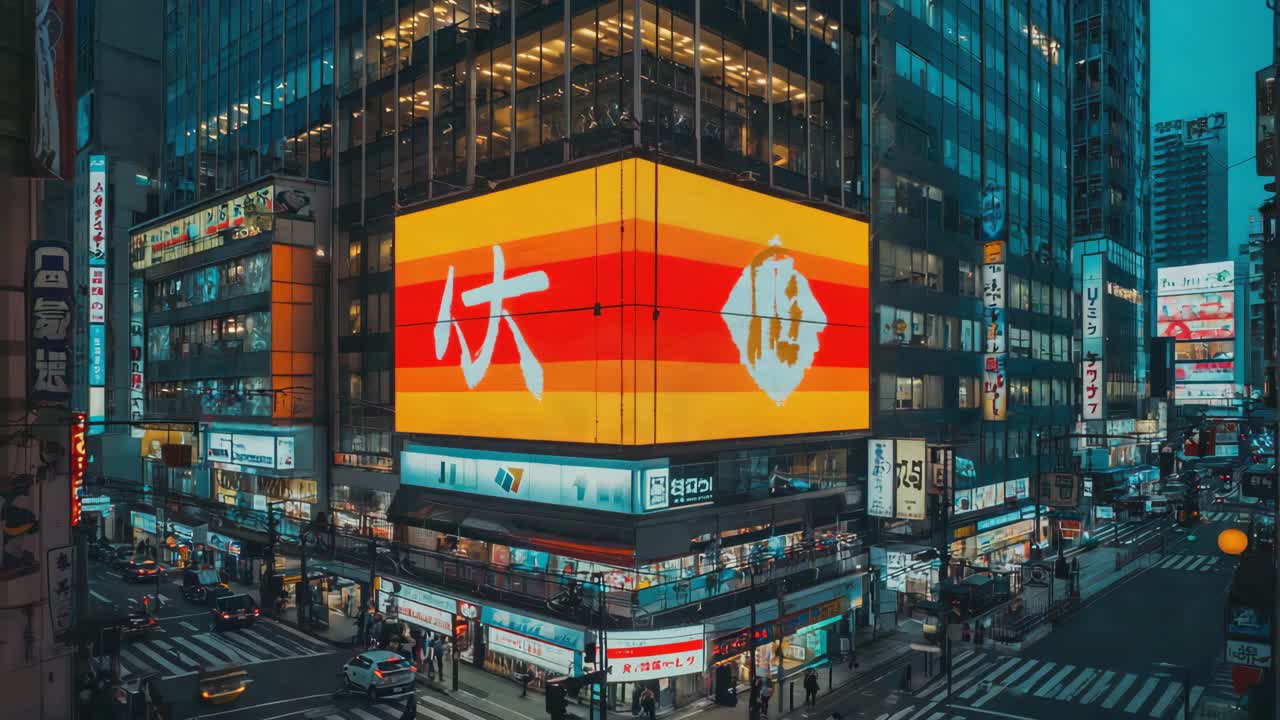 Cityscape at night with illuminated signs and buildings
