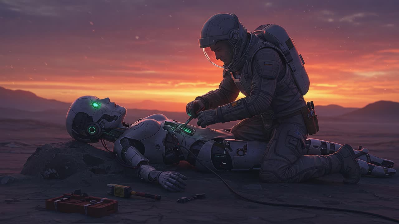 A lone astronaut repairs a damaged robot under a stunning sunset, showcasing the intersection of technology and humanity in a surreal, extraterrestrial landscape