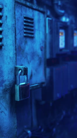 closeup of a rusty padlock on a blue metal door