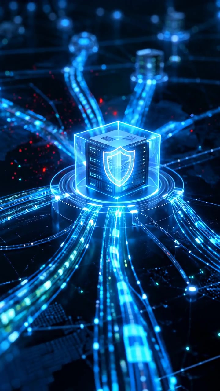 Red luminous elements move toward a central shield symbol, flare brightly, then disperse as a transparent blue cube remains linked to surrounding server nodes by glowing network lines.
