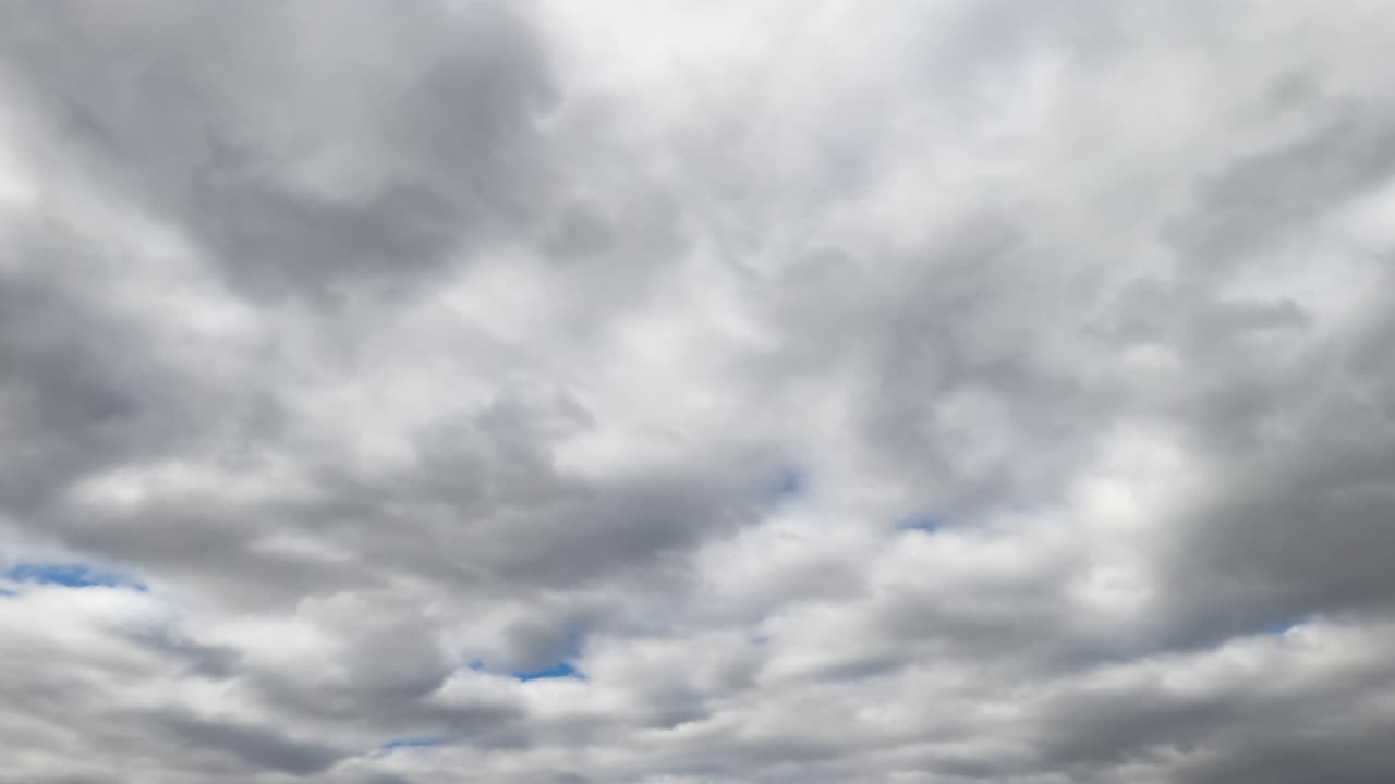Grey cloudscape totally covering the blue skies. Low angle view. Timelapse.