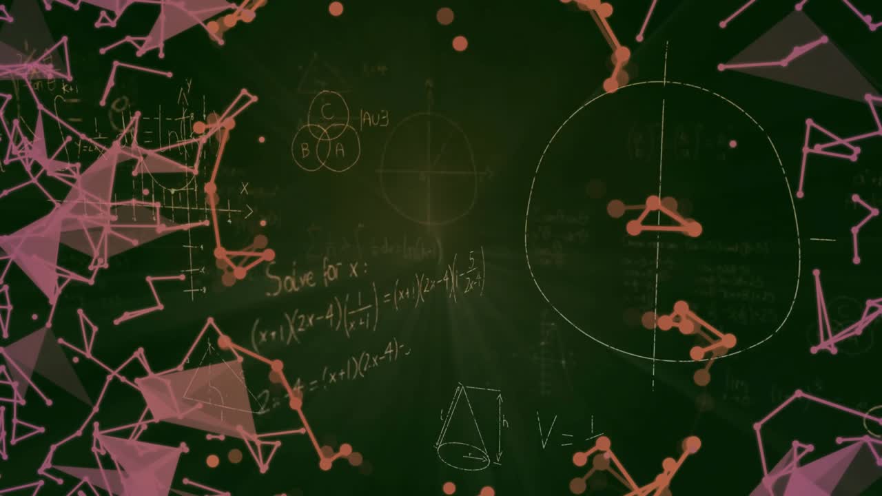 Otwarcie tablicy z pojawiającym się promptem, iskrząca pulsująca różowa sieć, rysowanie diagramów matematycznych