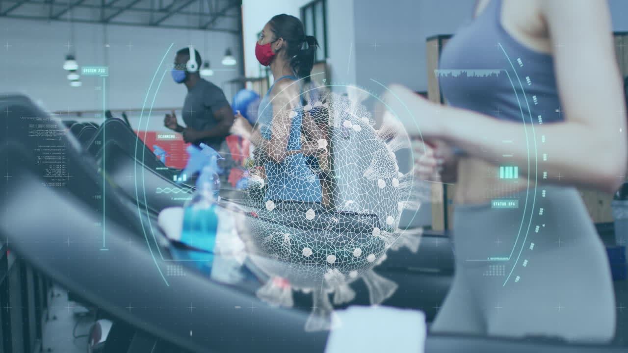 코로나19 세포가 다양한 그룹에서 회전하고 마스크를 쓰고 운동하는 애니메이션