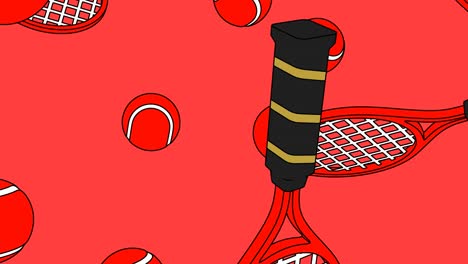 toon style red tennis balls and tennis rackets on red background.
