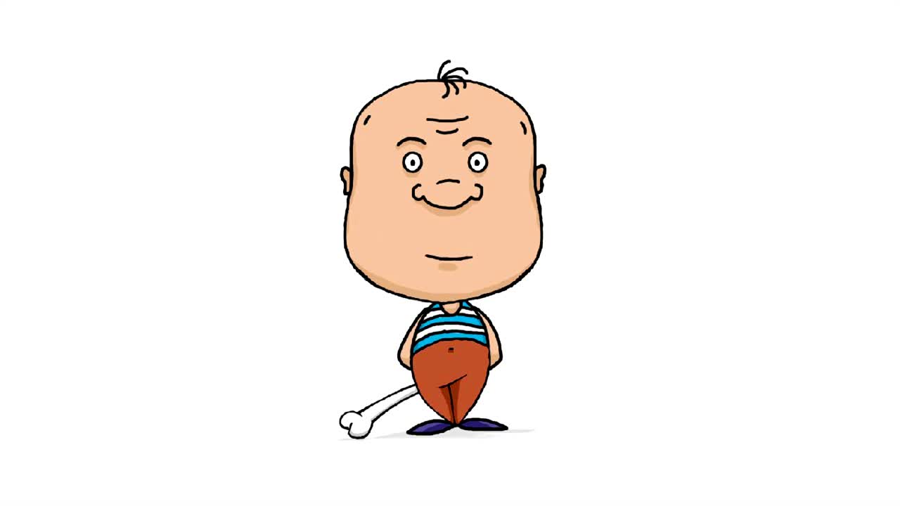 만화 캐릭터가 미소 짓고 등 뒤에 를 들고 있다