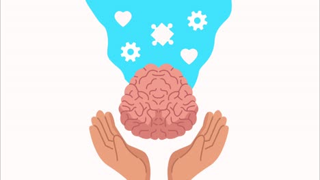 mental health animation with hands lifting brain and hearts