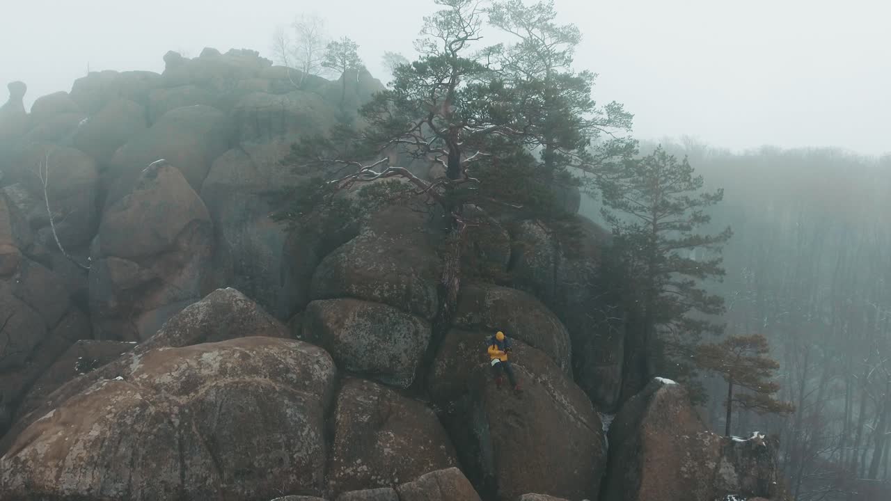 A foggy landscape with rocky mountains and trees