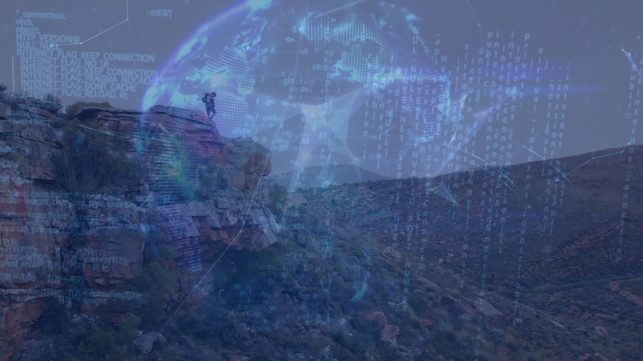Animation of data processing and globe over male hiker and landscape