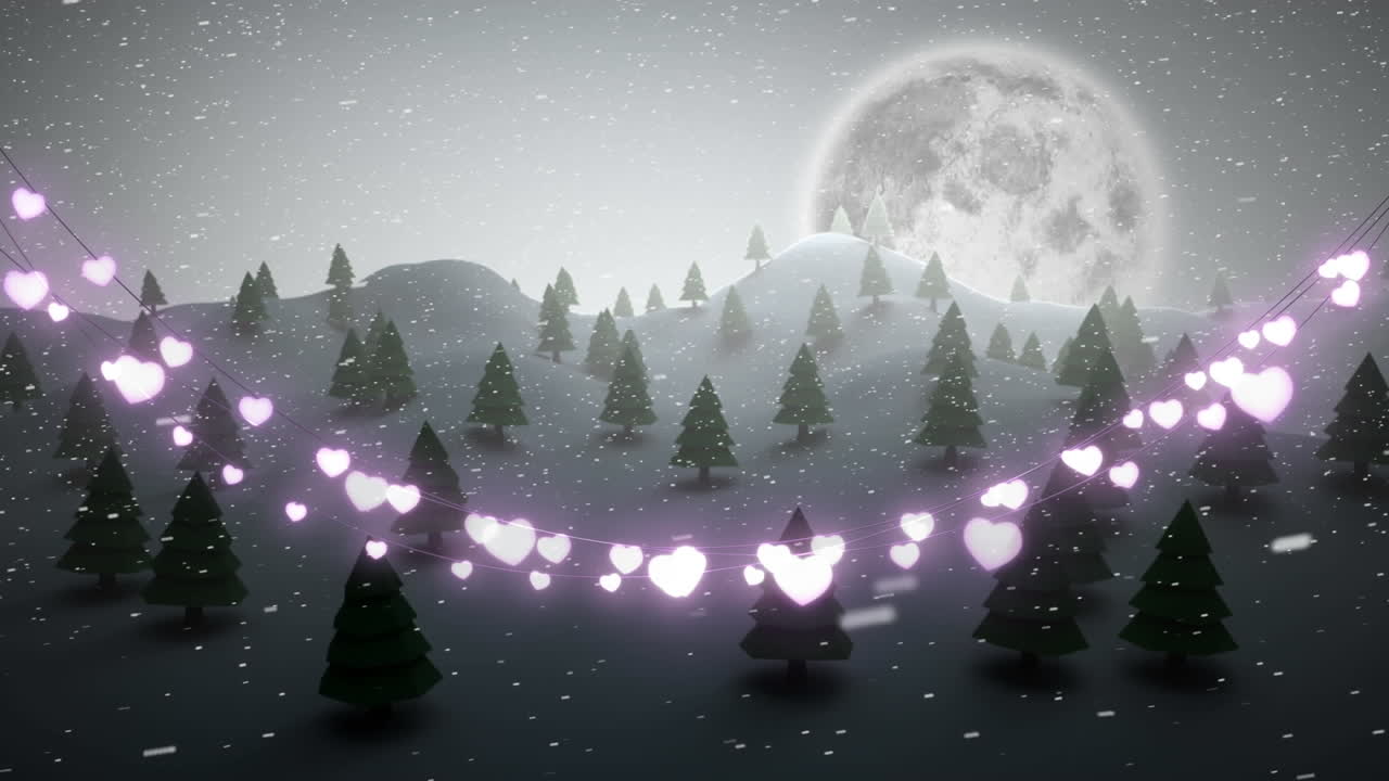 Decorazione luminosa di lucine a forma di cuore con neve che cade su un paesaggio invernale