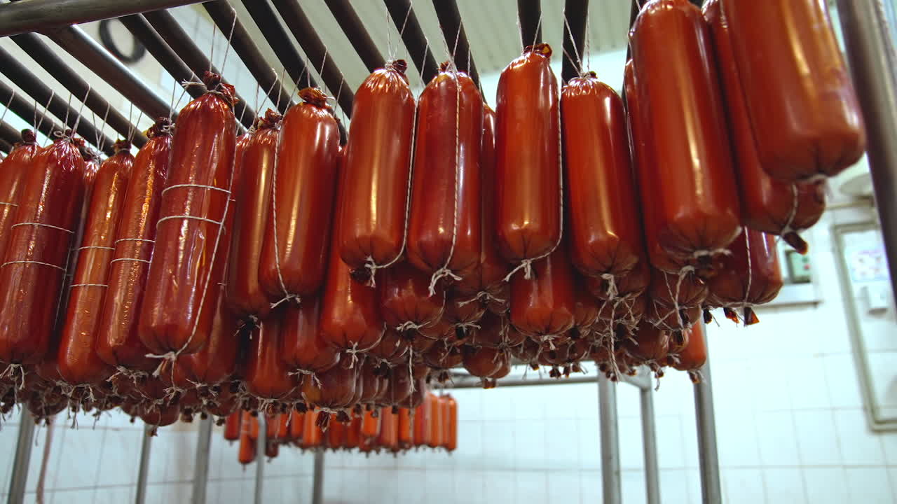 Smoked Cheese In Package. Processed cheese after smoking suspended on rope on a metal trolley in milk factory