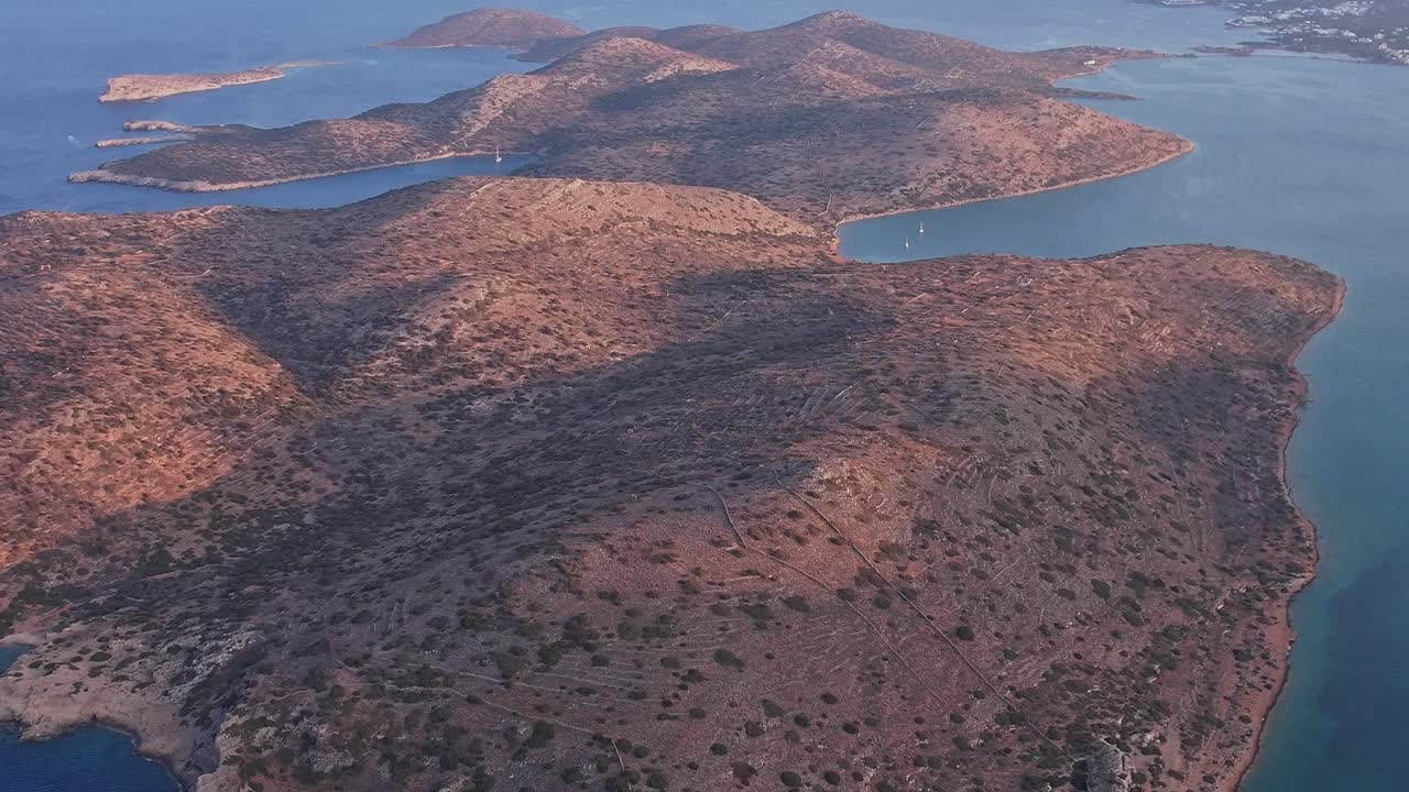 Panoramic Aerial View of Dry Hilly Islands and Calm Blue Sea
