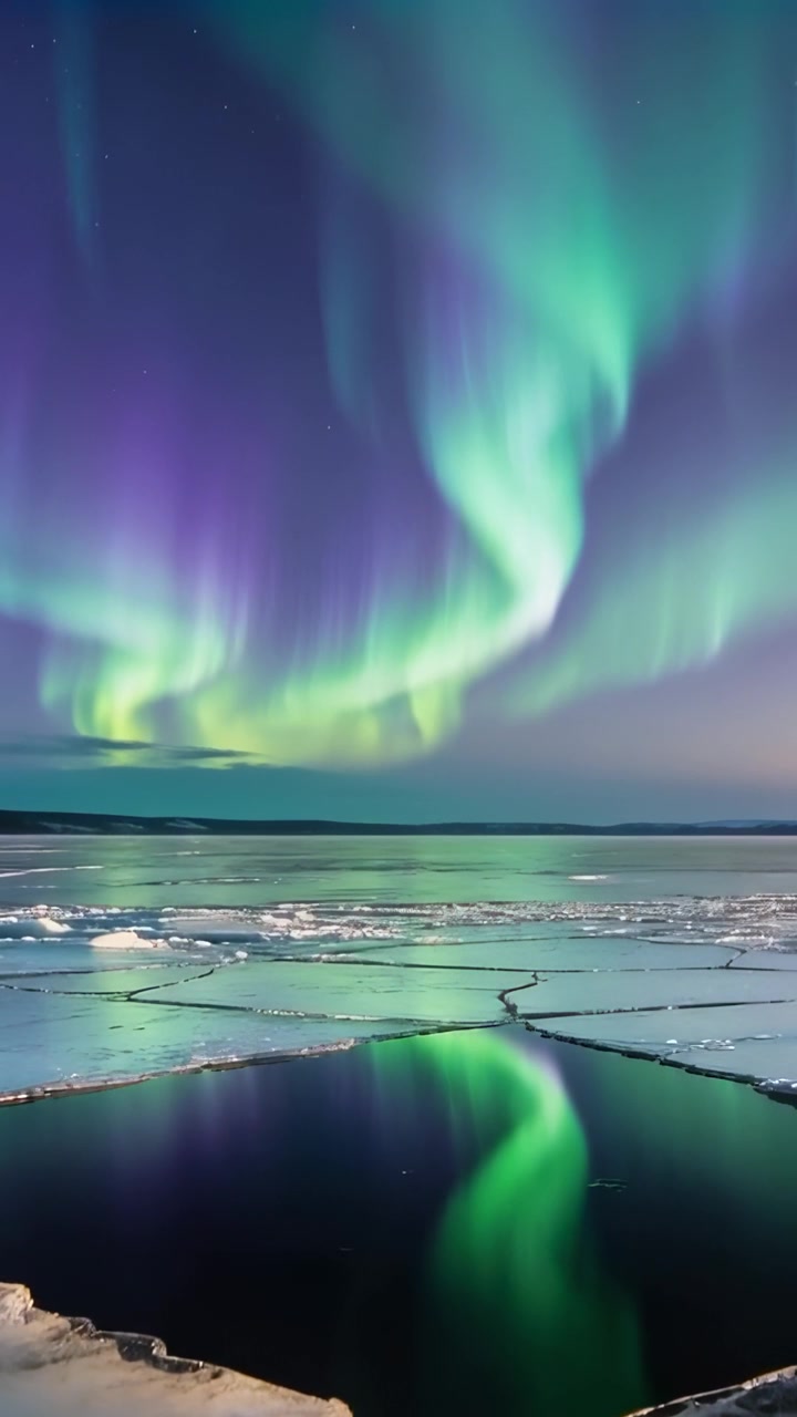 Video verticale: Vento solare che genera un'aurora che si muove su un lago ghiacciato, intensificandosi e poi riflettendosi in una pozza.
