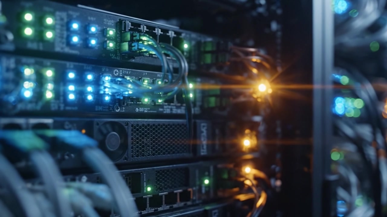 Exploring the Complexity of Network Data Centers: A Closer Look at Powerful Server Equipment Illuminated by Vibrant LED Lights