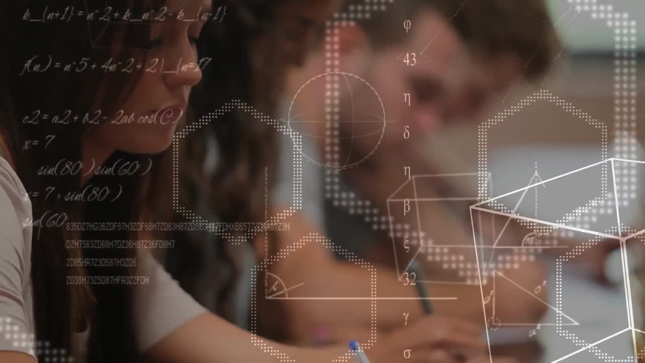 estudiantes tomando notas rodeados de símbolos matemáticos