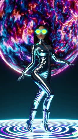 futuristic woman in silver suit against a cosmic background
