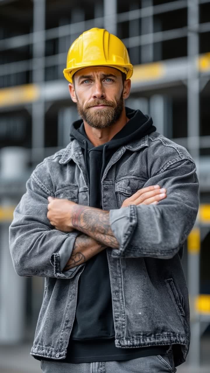 Professional construction worker or contractor wearing yellow hard hat and denim jacket standing with arms crossed at building site