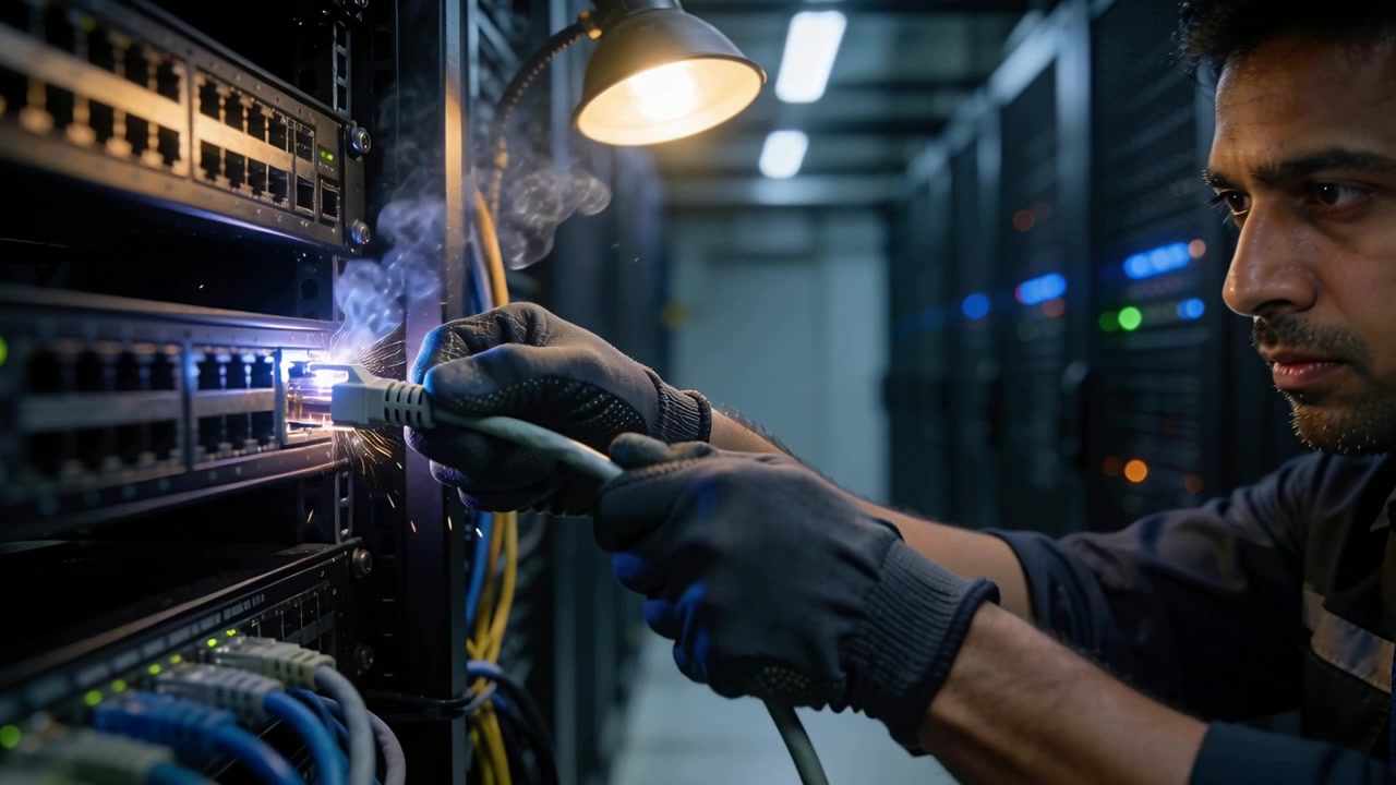 Aligning gloved tech seating RJ45 into data center rack plug nearing port sparking arc, copy space
