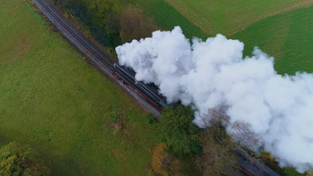 Droneudsigt fra oven gennem træer af et damplokomotiv, der udsender røg og damp på en solrig dag