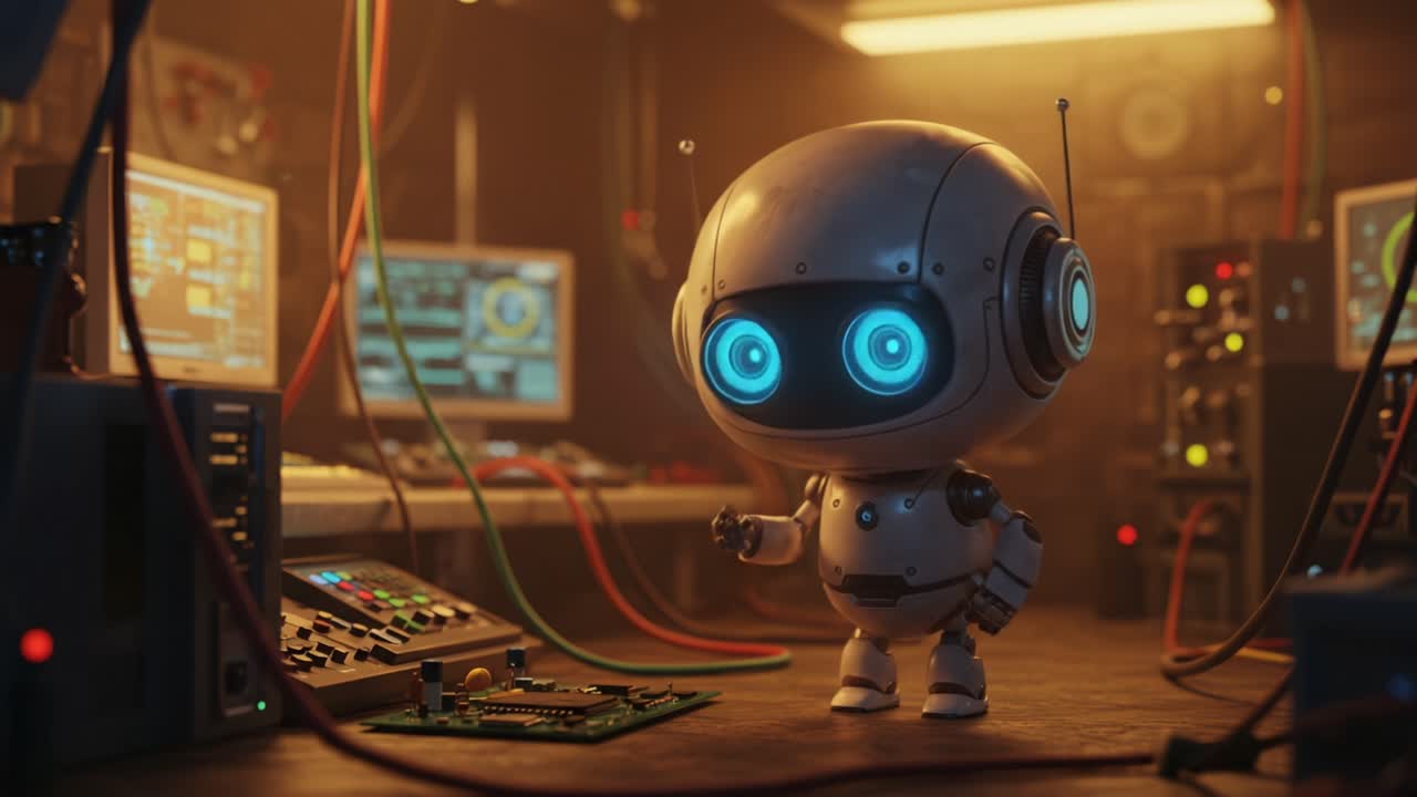 A Charming Little Robot in a High-Tech Lab, Engaged with Circuitry and High-Tech Equipment, Showcasing the Intersection of Technology and Creativity
