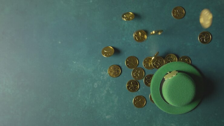 Overhead Studio Shot Of Green Leprechaun Top Hat And Piles Of Gold Coins To Celebrate St Patricks Day 3