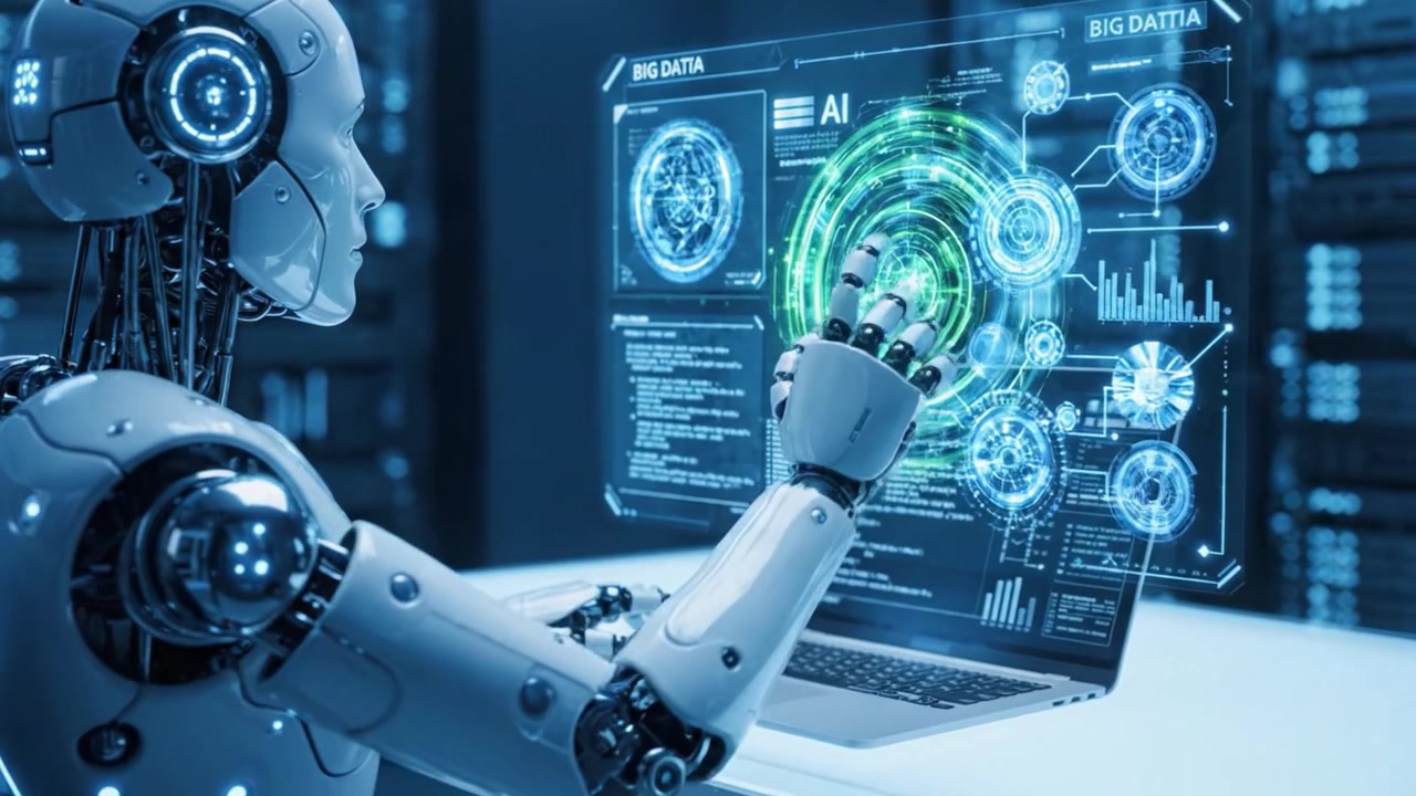 A Futuristic Robot Engaged in Programming and Data Analysis Amidst a High-Tech Computer Environment with Visualizations and Graphs