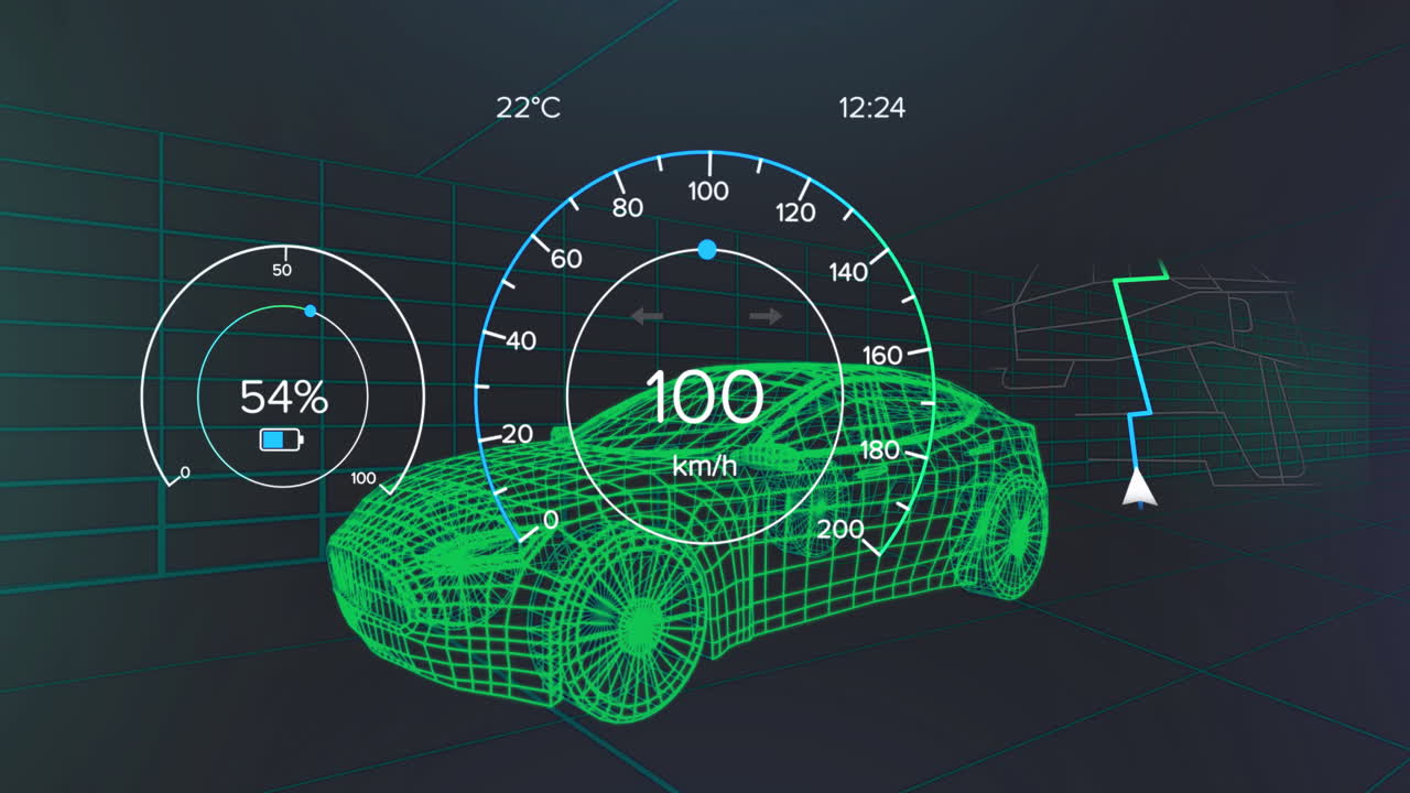 3D wireframe car model rotating inside teal grid, displaying speedometer, battery, navigation arrow