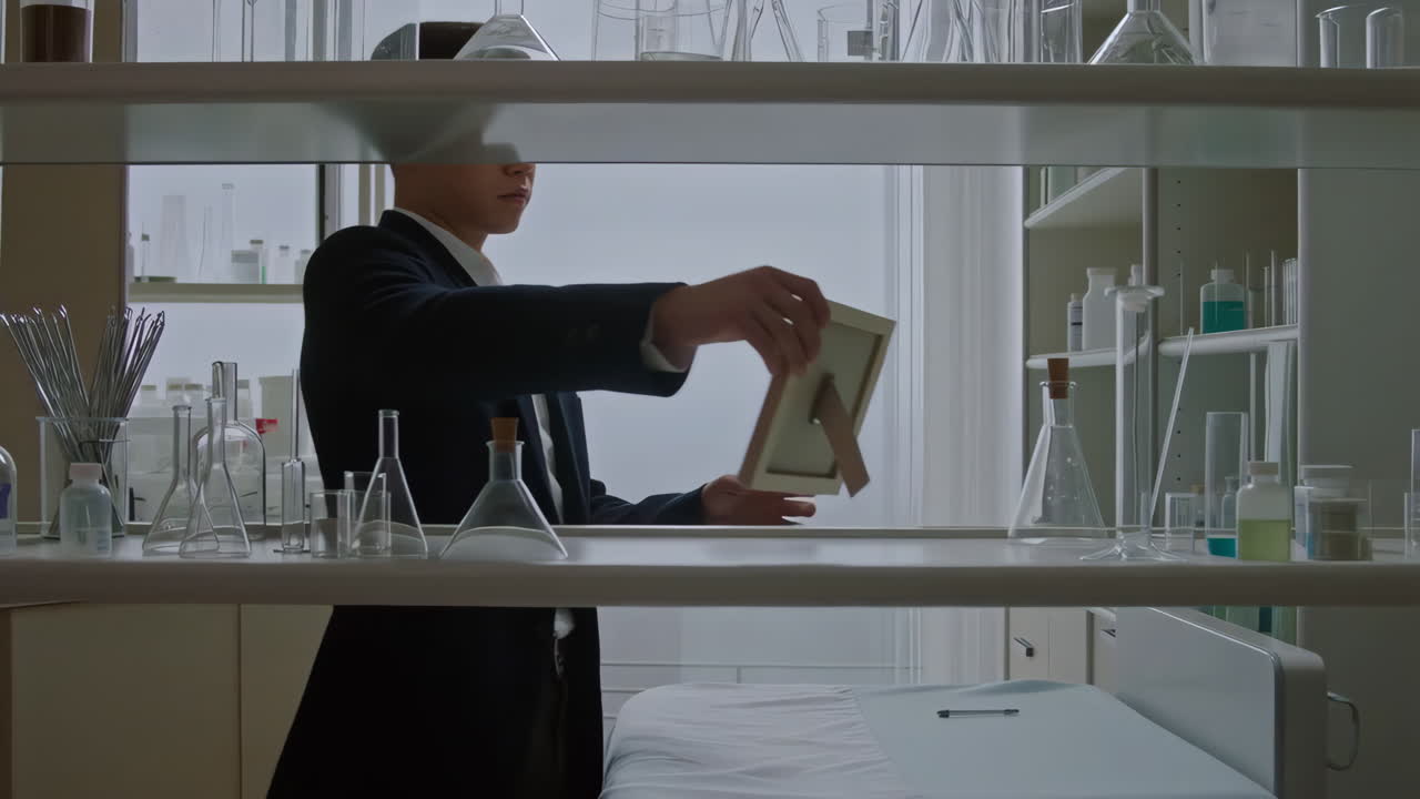 A person in a suit places a framed picture on a shelf in a laboratory setting