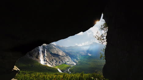 Amazing-Valley-Surrounded-By-Mountains-And-Waterfalls-Near-The-Briksdal-Glacier-No-People-In-The-Fra